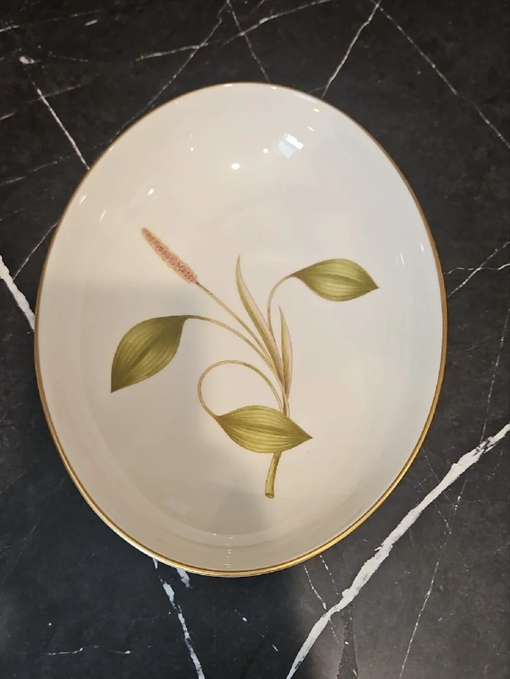 Franciscan White Porcelain Bowl with Green Leaf Motif and Gold Trim